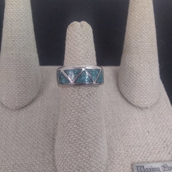 Southwestern Crushed Turquoise Inlay Sterling Ring - Picture 4 of 5